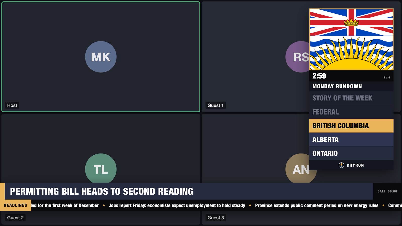 A four-person video call with the rundown rail at the right, the live topic highlighted, a headline lower third and a crawl along the bottom.