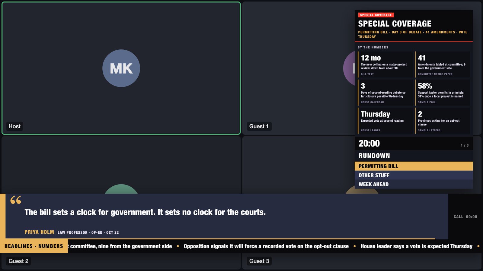 A special-coverage overlay on a video call: a quote band across the bottom, a six-tile by-the-numbers grid, a clock and a three-section rundown.
