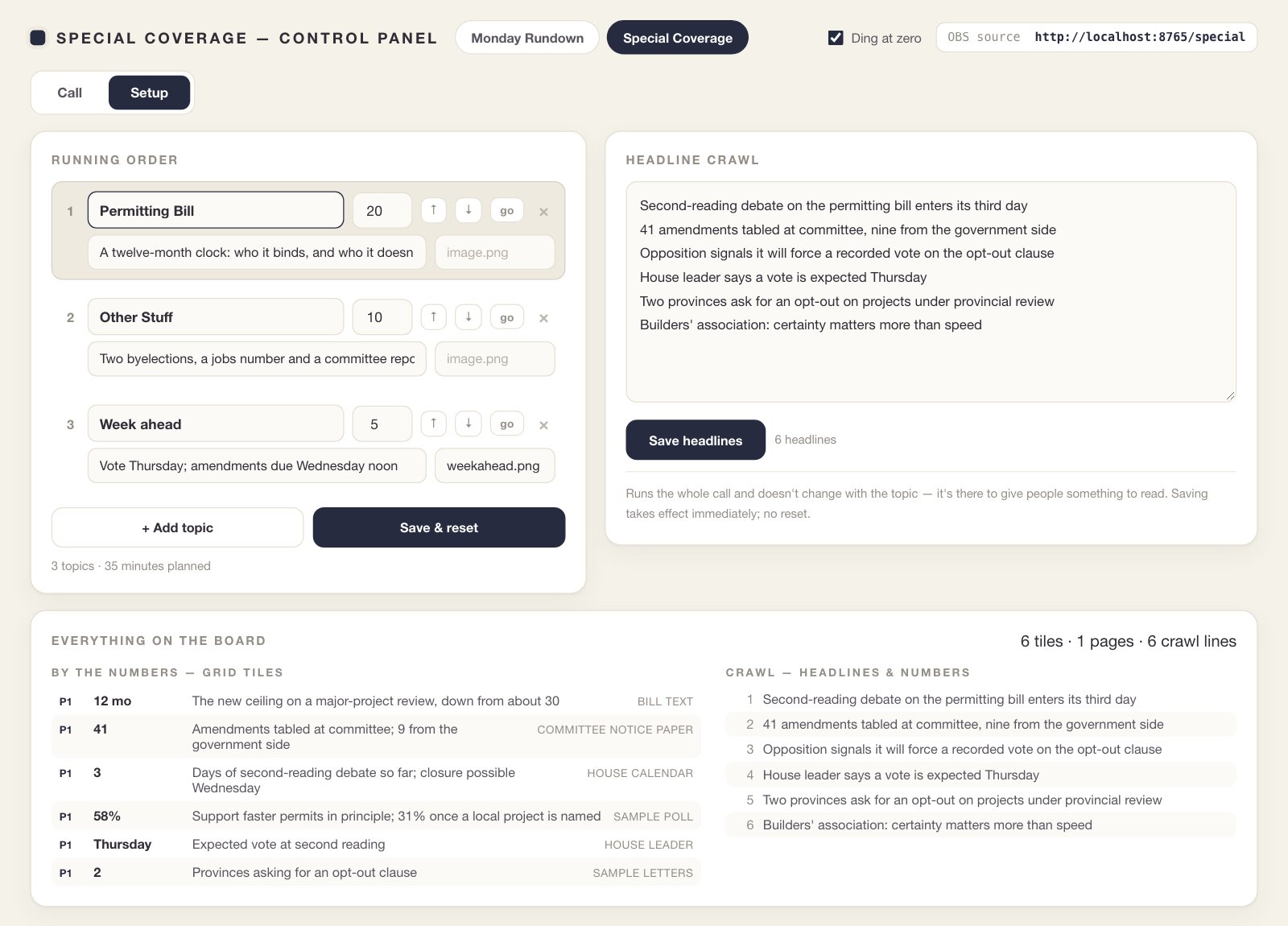 The setup tab: editable running order with minutes per topic, the headline crawl text, and a table of every number tile and crawl line on the board.