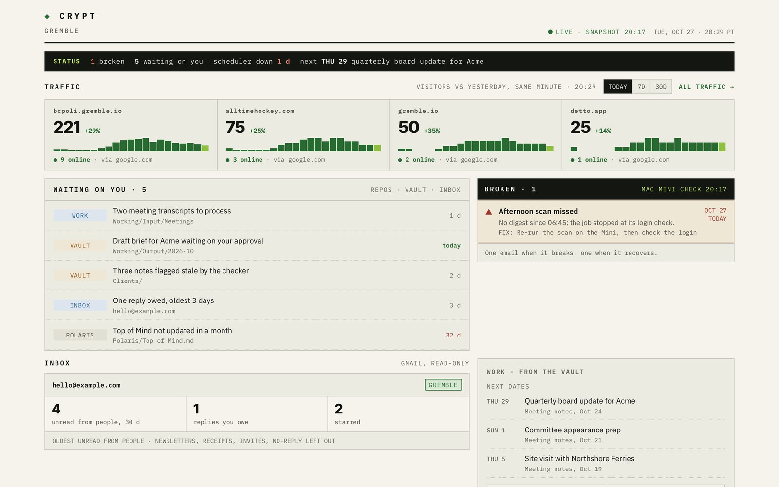 Crypt: the real screen, with sample data