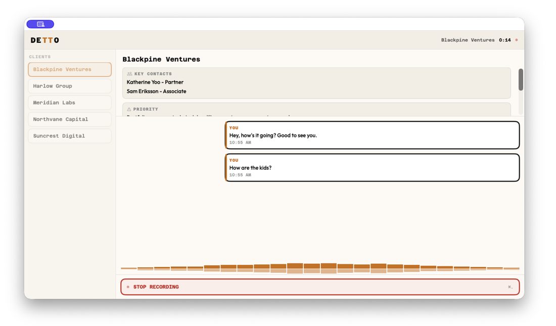Detto: Call capture in progress, sample data
