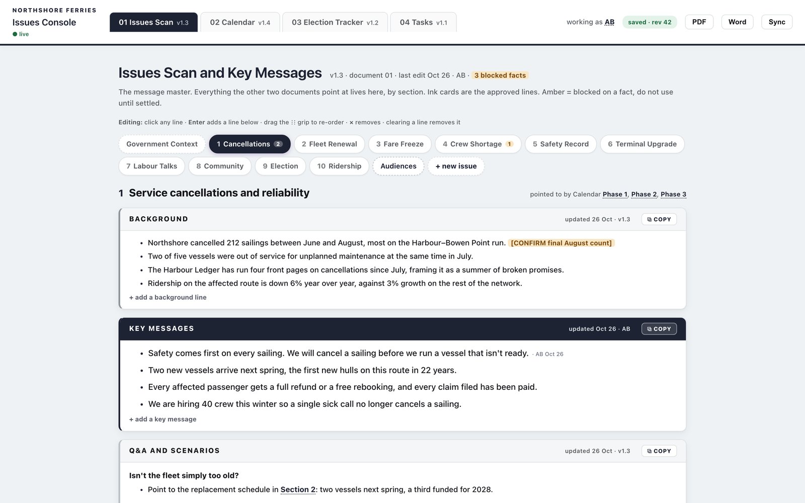 Issues Console scan tab: a fictional ferry operator's background, approved key messages and Q&A for its cancellations issue.