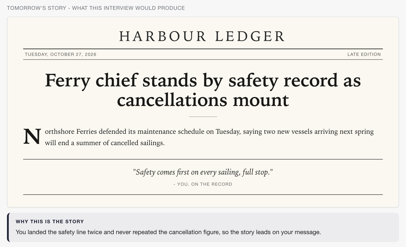 OnRecord's review page showing a mock newspaper front page built from a sample ferry-company interview.