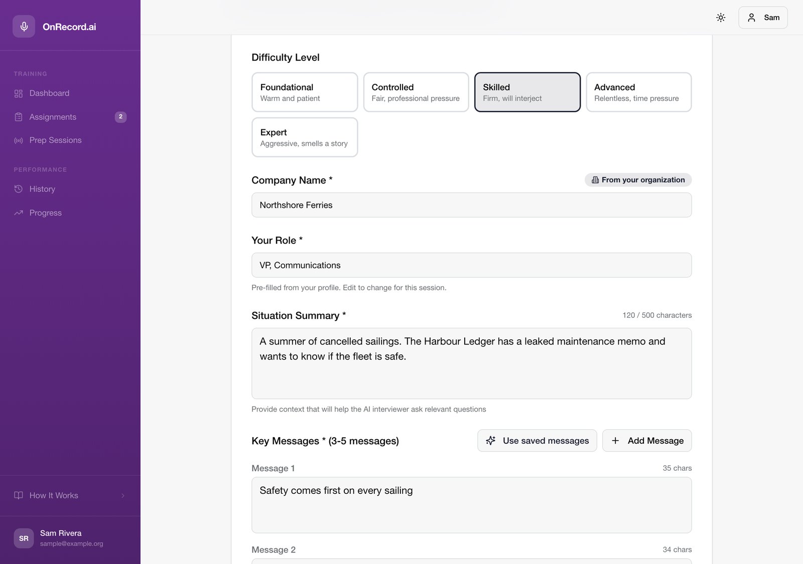 OnRecord's session setup form with difficulty levels, company, role, situation summary and key messages filled in for a sample ferry operator.