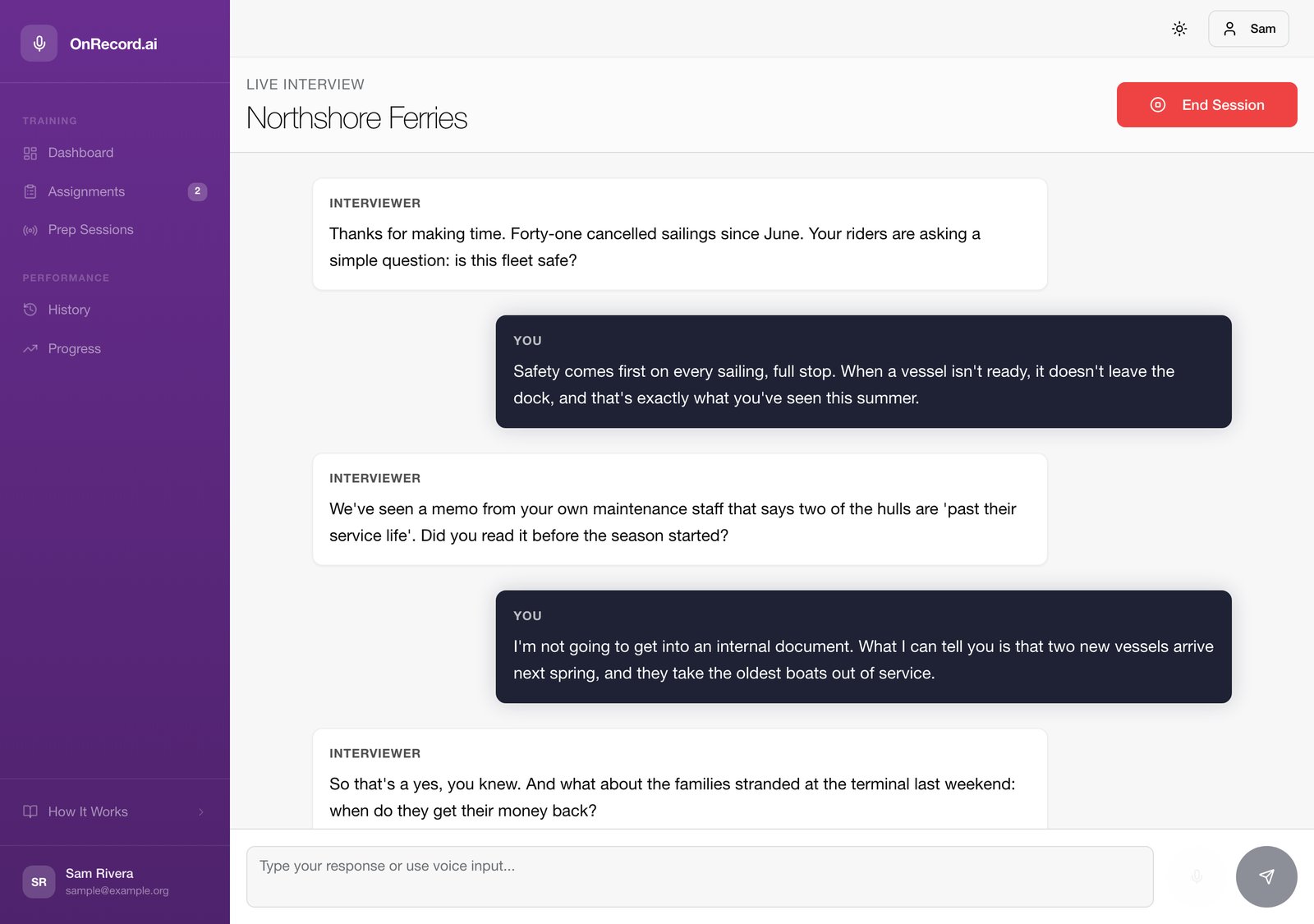 A text interview in progress: interviewer questions about cancelled sailings and a leaked memo, with the spokesperson's answers.