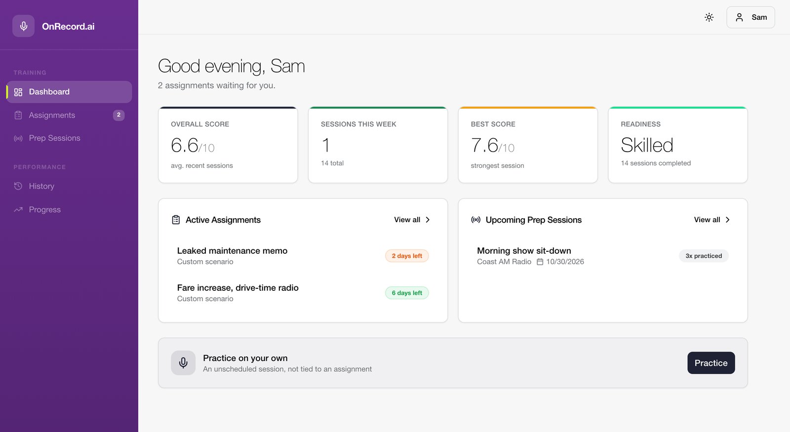 OnRecord dashboard with overall score, readiness level, two active assignments and an upcoming radio prep session.