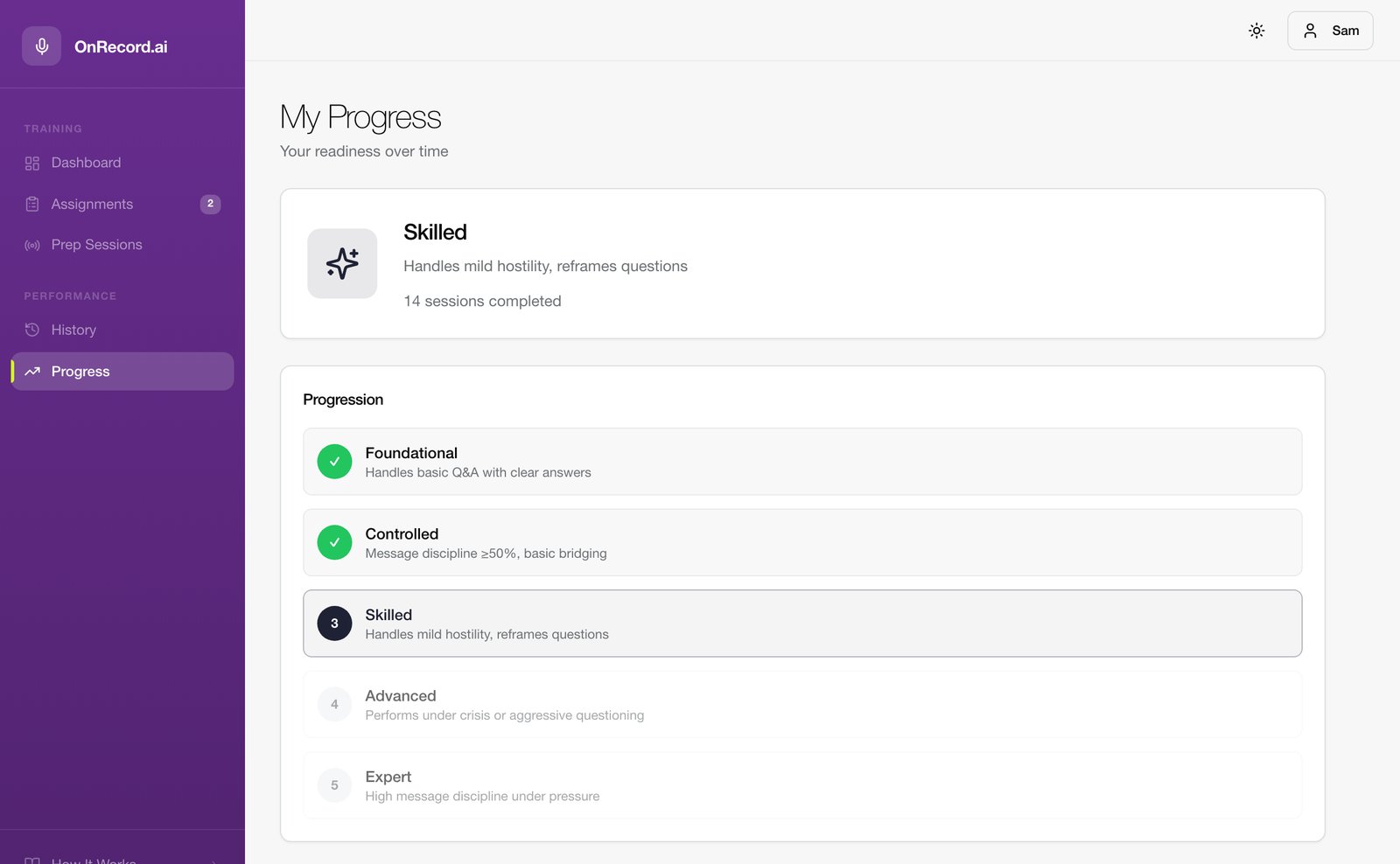OnRecord progress page showing the Skilled readiness level and a five-step progression from Foundational to Expert.