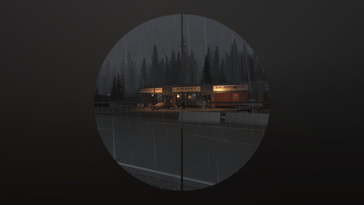 Project Sundown, in-engine: a rifle scope view of a lit strip mall in the rain at dusk