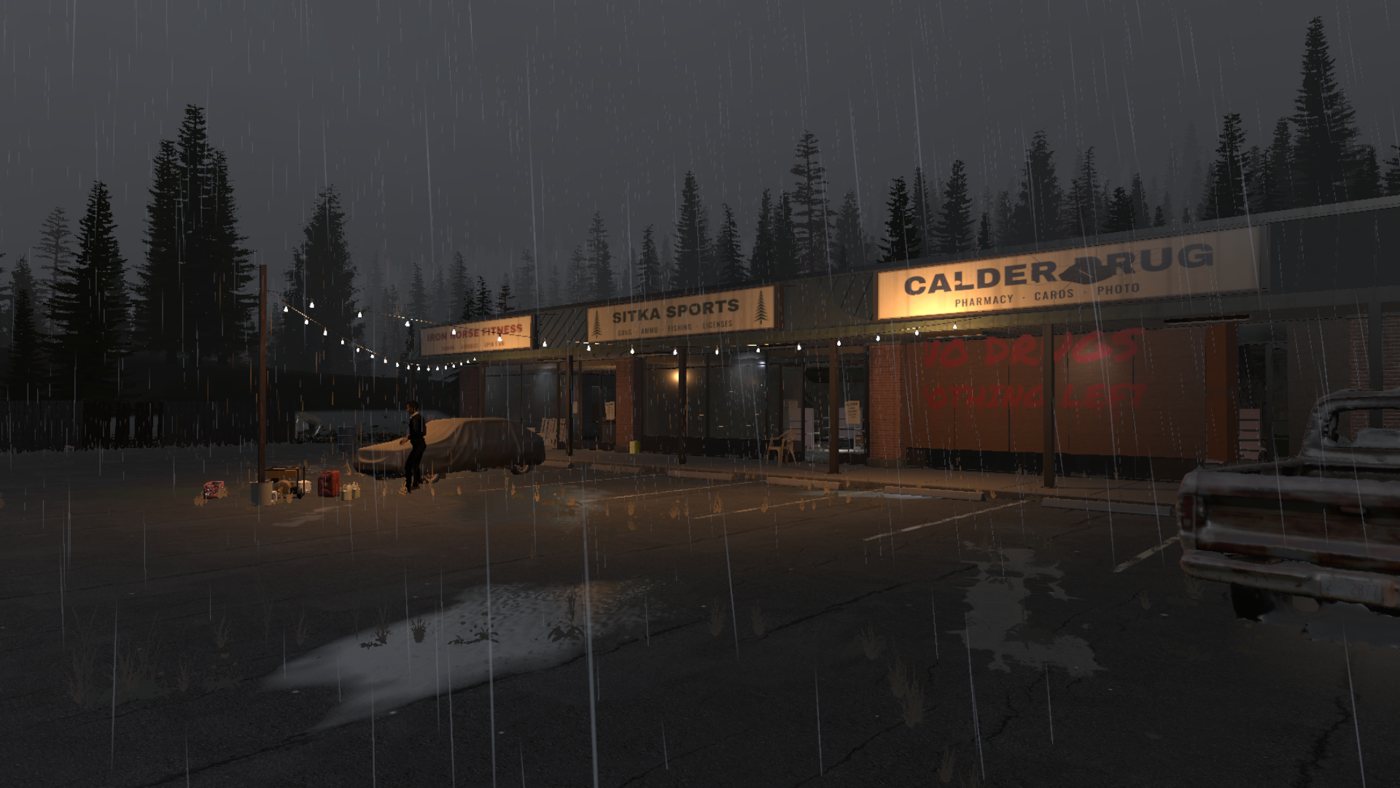 Project Sundown: strip mall at dusk in the rain