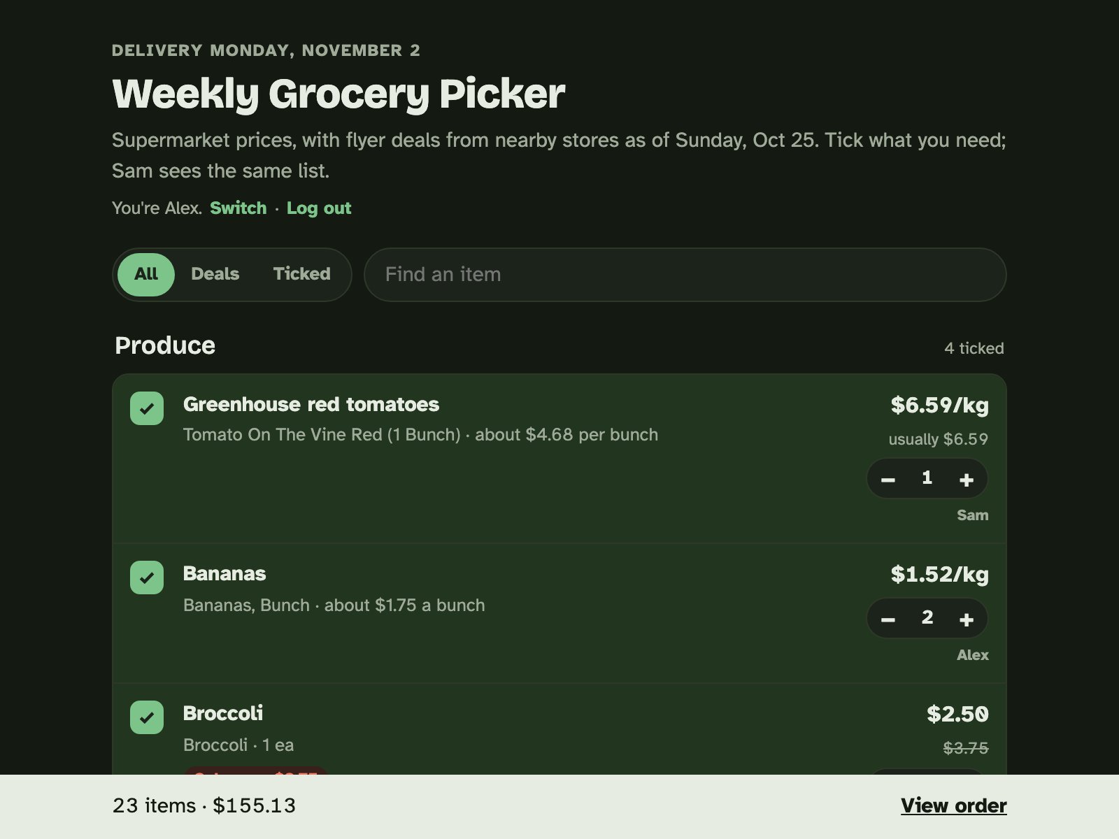 The Weekly Grocery Picker with produce items ticked, quantities and who ticked each.