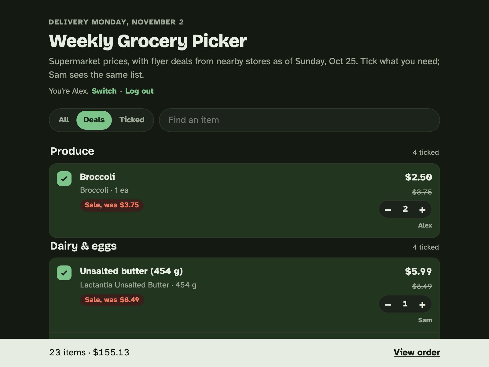 The picker filtered to sale items, with sale prices and the old price struck through.