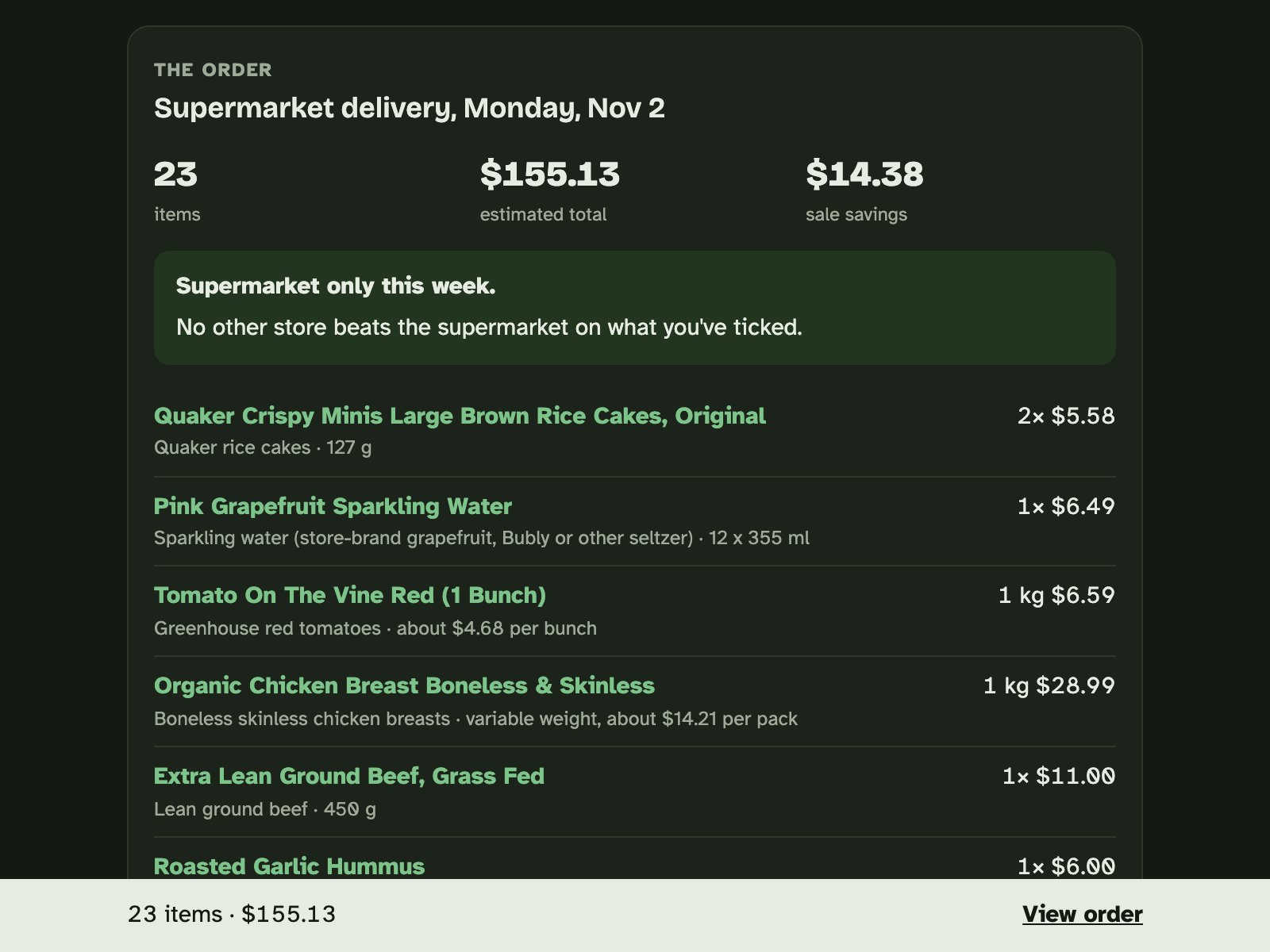 The order sheet showing item count, estimated total, sale savings and the list to buy.
