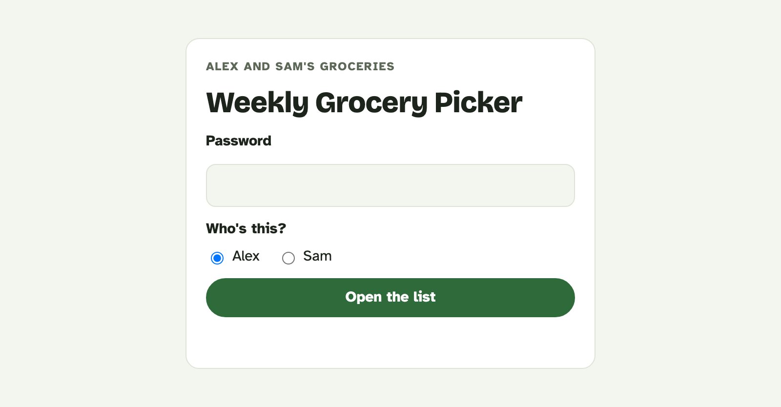 The sign-in card with a password field and a choice of two shoppers.