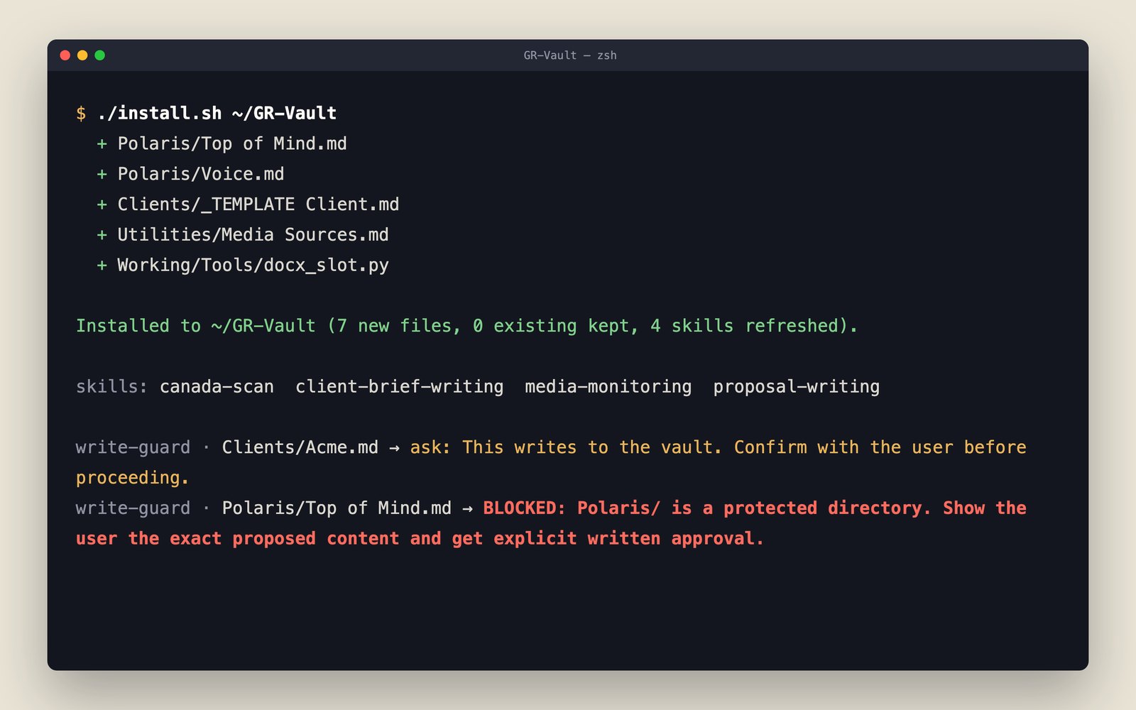 A terminal showing the installer adding the starter files to a new vault and listing the next steps.