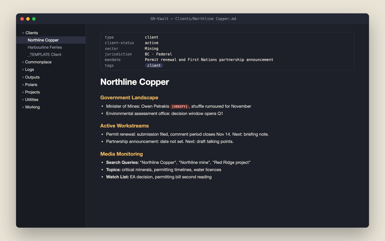A client note for a fictional mining company with its mandate, government landscape with an unverified name flagged, workstreams and media-monitoring queries.