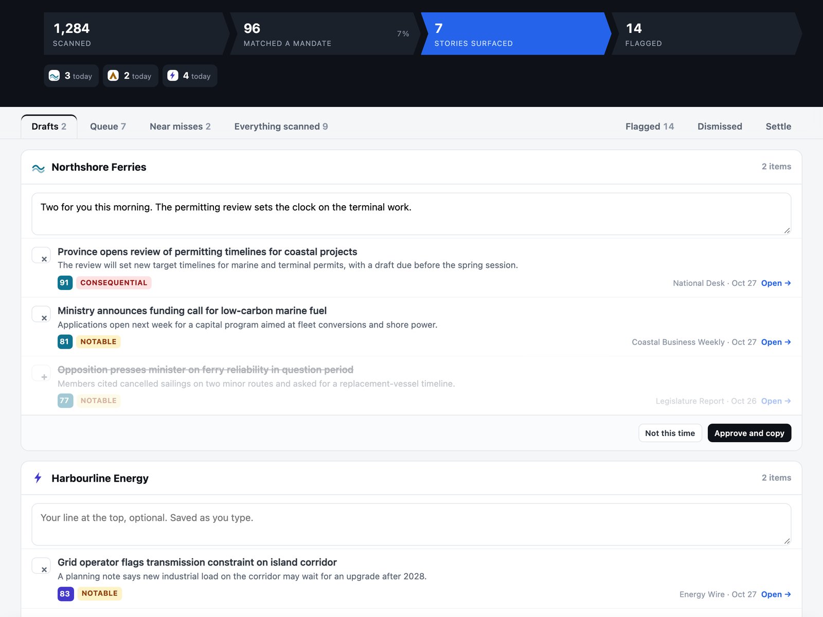Triage's Drafts tab with a proposed email for a sample ferry operator, one story struck out, and a second draft for a sample energy company.