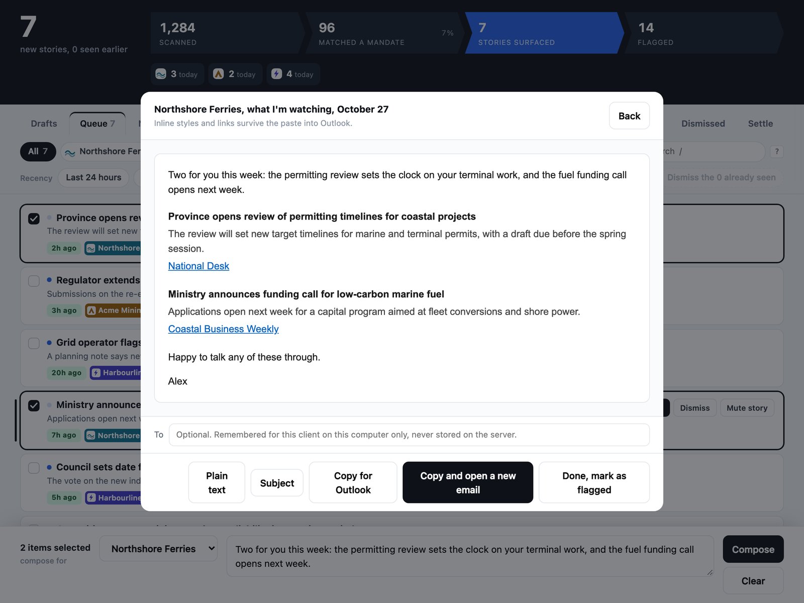 Triage's compose window showing a finished client email with a short note, two story summaries and source links.